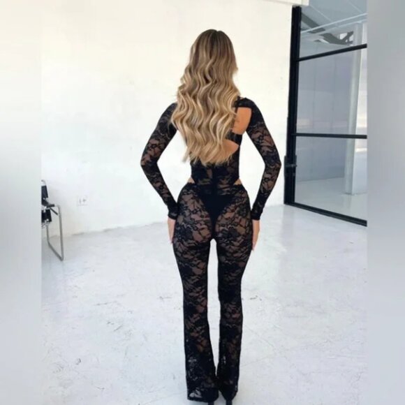 Outcast Everly Jumpsuit Black Womens Small Lace One Piece Party Flare Wide Leg - Picture 2 of 13